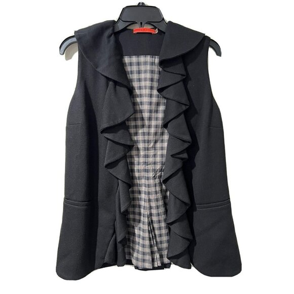 Alice + Olivia Ruffle Ponte Knit Lined V-Neck Open Vest Cardigan Pockets SZ M - Picture 1 of 10